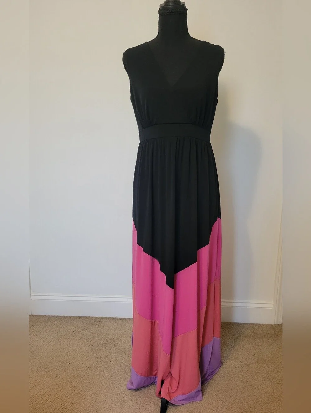 Madison Colorblock Chevron Maxi Dress Black Pink Purple Size M - Picture 2 of 11